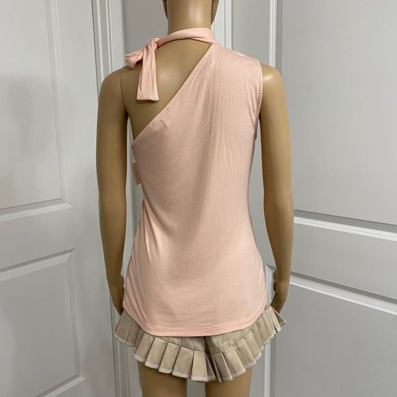 1. State The Artist Shadow One Shoulder Tie Neck Top. Pink. Small. Pastel - Picture 8 of 12